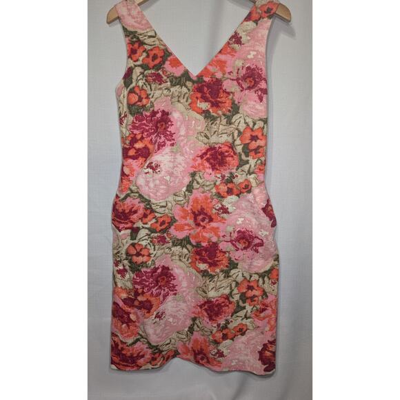 Talbots Womens Sleeveless Pockets Beige Pink Khaki Floral Sheath Dress Sz 4 - Picture 2 of 9